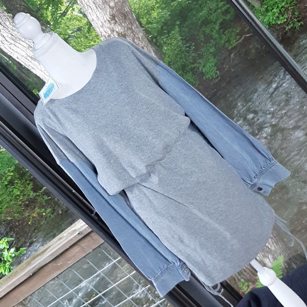 CLOUD TEN Gray Dress with Long Denim Sleeves and Rouching Sides NWT